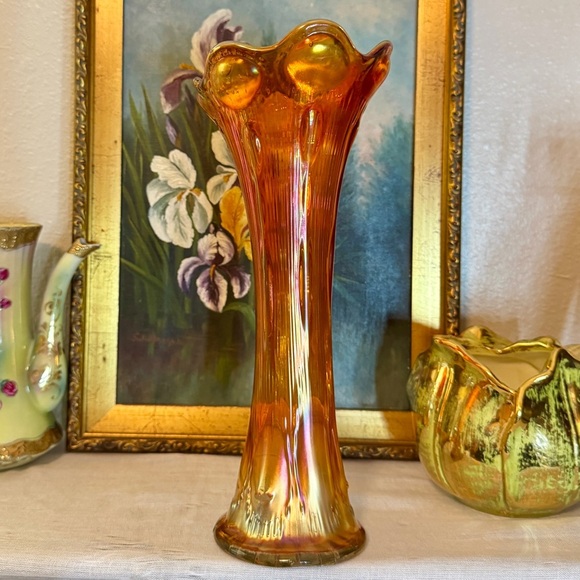 Antique Imperial Carnival Glass 1912 Marigold Beaded Bullseye Swung Vase - Picture 5 of 8